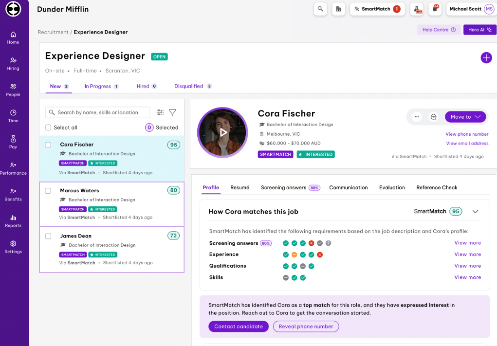 Recruitment interface for an 'Experience Designer' position at Dunder Mifflin, showing shortlisted candidates with scores. The selected candidate, Cora Fischer, has a SmartMatch score of 95 and is listed as 'Interested.' Her profile details include qualifications, location, and salary expectations. The interface highlights how Cora matches the job requirements with categories like 'Profile,' 'Resume,' 'Skills,' and 'Screening answers.' Options to contact the candidate or reveal phone number are provided